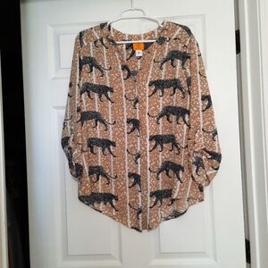 Ruby Rd Large Leppard Beige Black Button Down Lightweight Blouse